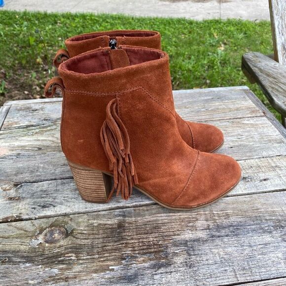Toms Fringed Ankle Boot Rust Suede Boho Western Festival Booties Wm’s Sz 8 - Picture 4 of 7